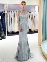 Evening Dresses Long Sleeve Light Grey Mermaid Beading Illusion Luxury Formal Gowns, fast delivery worldwide.