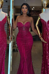 Charming Fuchsia Sweetheart Strapless Sleeveless Mermaid Prom Dresses Beads With Lace-Up Back-Ballbella