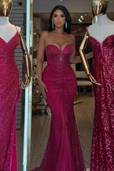 Charming Fuchsia Sweetheart Strapless Sleeveless Mermaid Prom Dresses Beads With Lace-Up Back-Ballbella
