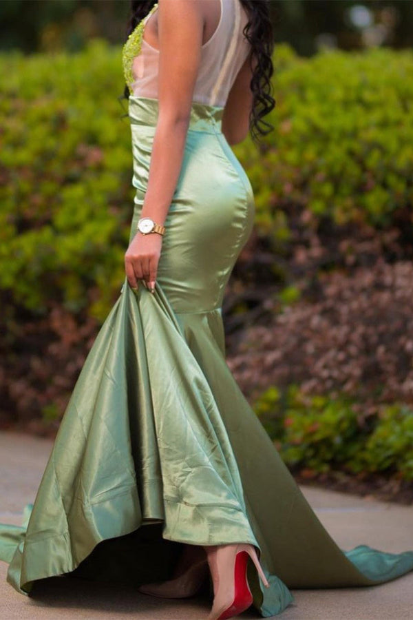 Charming Green Appliques Mermaid Prom Evening Maxi Dress Floor-Length Sweep Train Dress-Ballbella