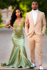 Charming Green Appliques Mermaid Prom Evening Maxi Dress Floor-Length Sweep Train Dress-Ballbella