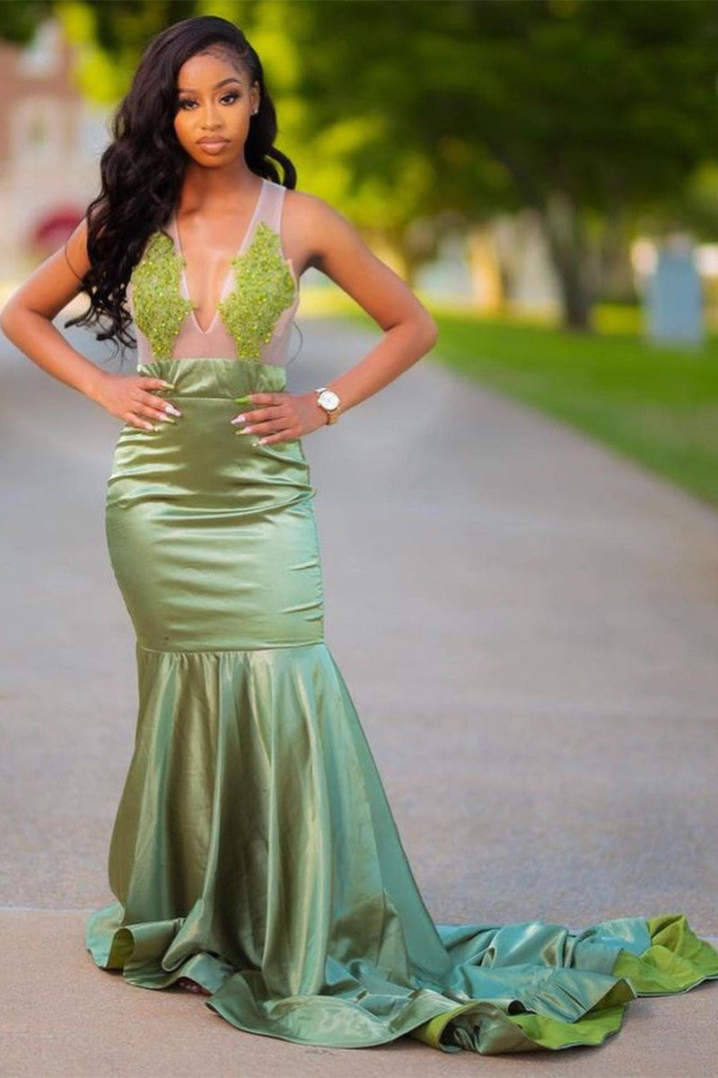 Charming Green Appliques Mermaid Prom Evening Maxi Dress Floor-Length Sweep Train Dress-Ballbella