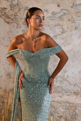 Charming Green Sweetheart One Shoulder Sequins Prom Dress Mermaid Sheath With Ruffle-Ballbella