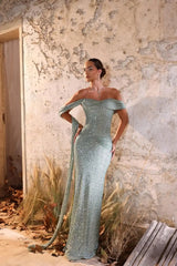 Charming Green Sweetheart One Shoulder Sequins Prom Dress Mermaid Sheath With Ruffle-Ballbella