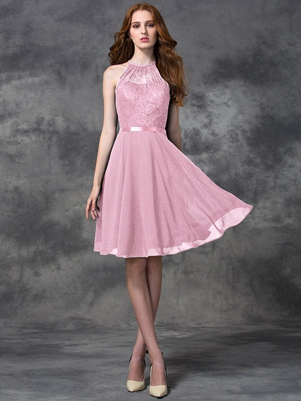 Charming Halter Lace Sleeveless Short Chiffon Bridesmaid Dresses – Ballbella