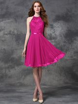 Charming Halter Lace Sleeveless Short Chiffon Bridesmaid Dresses-Ballbella