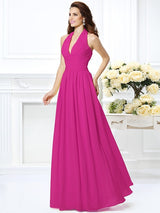 Charming Halter Pleats Sleeveless Long Chiffon Bridesmaid Dresses-Ballbella