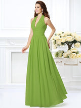 Charming Halter Pleats Sleeveless Long Chiffon Bridesmaid Dresses-Ballbella