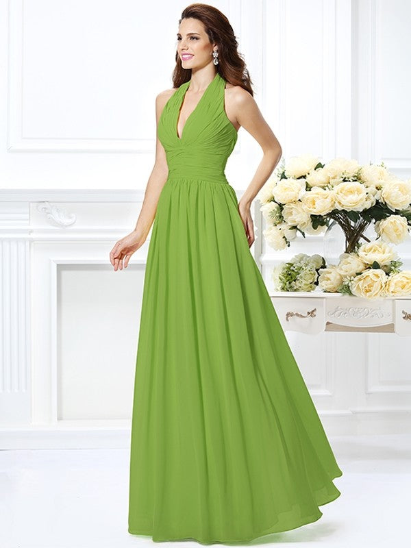 Charming Halter Pleats Sleeveless Long Chiffon Bridesmaid Dresses-Ballbella
