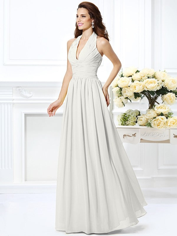 Charming Halter Pleats Sleeveless Long Chiffon Bridesmaid Dresses-Ballbella