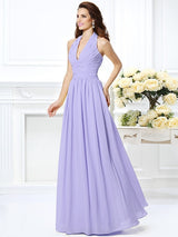 Charming Halter Pleats Sleeveless Long Chiffon Bridesmaid Dresses-Ballbella