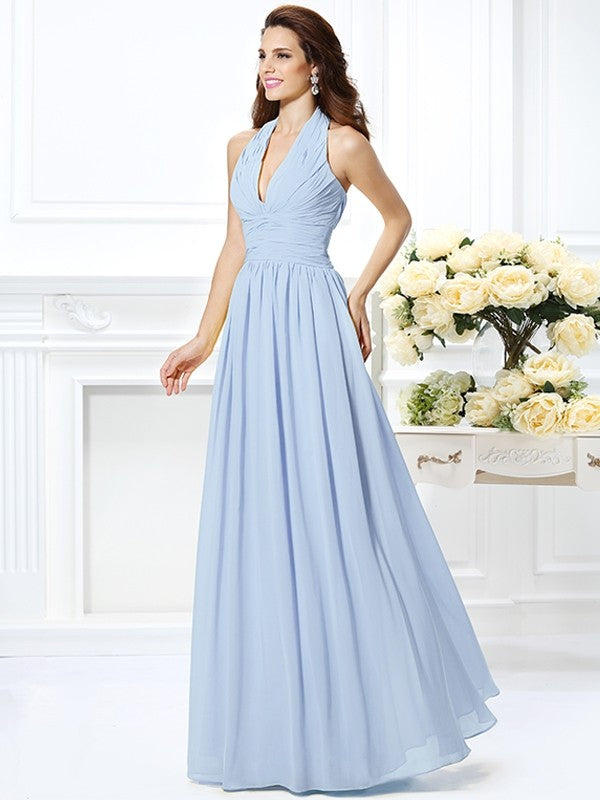 Charming Halter Pleats Sleeveless Long Chiffon Bridesmaid Dresses-Ballbella