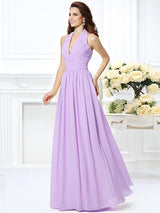 Charming Halter Pleats Sleeveless Long Chiffon Bridesmaid Dresses-Ballbella