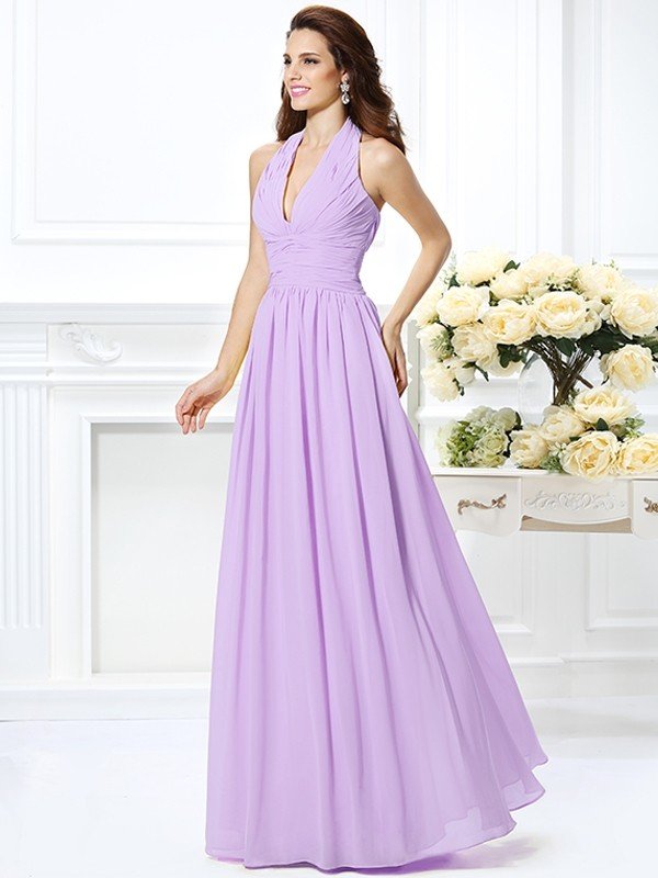 Charming Halter Pleats Sleeveless Long Chiffon Bridesmaid Dresses-Ballbella