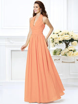 Charming Halter Pleats Sleeveless Long Chiffon Bridesmaid Dresses-Ballbella