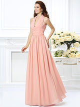 Charming Halter Pleats Sleeveless Long Chiffon Bridesmaid Dresses-Ballbella