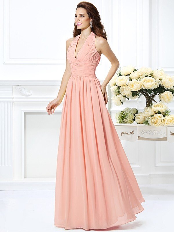 Charming Halter Pleats Sleeveless Long Chiffon Bridesmaid Dresses-Ballbella