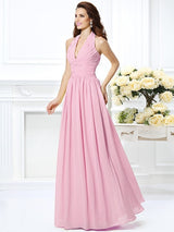Charming Halter Pleats Sleeveless Long Chiffon Bridesmaid Dresses-Ballbella