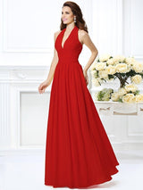 Charming Halter Pleats Sleeveless Long Chiffon Bridesmaid Dresses-Ballbella