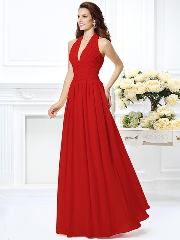 Charming Halter Pleats Sleeveless Long Chiffon Bridesmaid Dresses-Ballbella