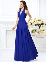 Charming Halter Pleats Sleeveless Long Chiffon Bridesmaid Dresses-Ballbella