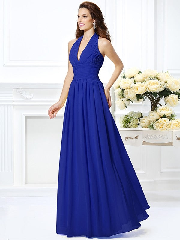 Charming Halter Pleats Sleeveless Long Chiffon Bridesmaid Dresses-Ballbella