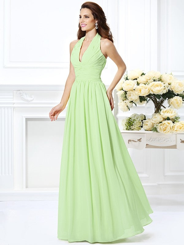 Charming Halter Pleats Sleeveless Long Chiffon Bridesmaid Dresses-Ballbella
