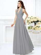 Charming Halter Pleats Sleeveless Long Chiffon Bridesmaid Dresses-Ballbella
