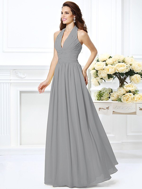Charming Halter Pleats Sleeveless Long Chiffon Bridesmaid Dresses-Ballbella