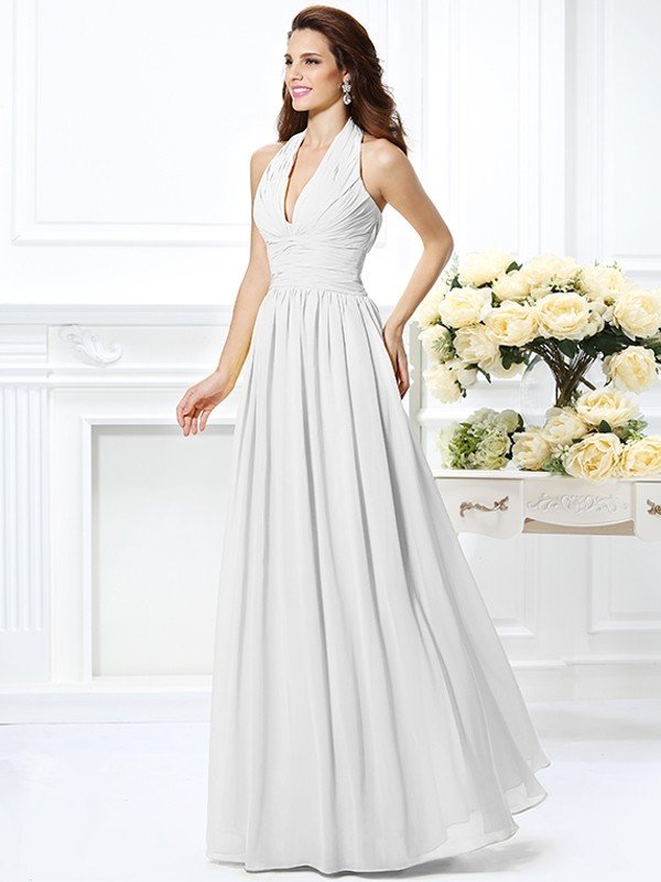Charming Halter Pleats Sleeveless Long Chiffon Bridesmaid Dresses-Ballbella