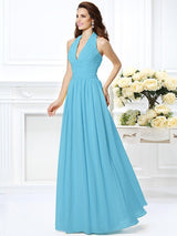 Charming Halter Pleats Sleeveless Long Chiffon Bridesmaid Dresses-Ballbella