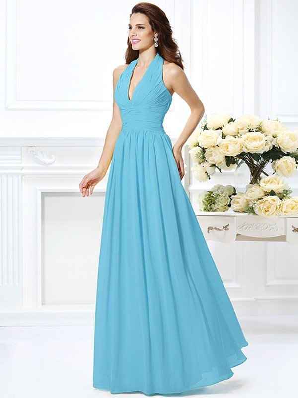 Charming Halter Pleats Sleeveless Long Chiffon Bridesmaid Dresses-Ballbella