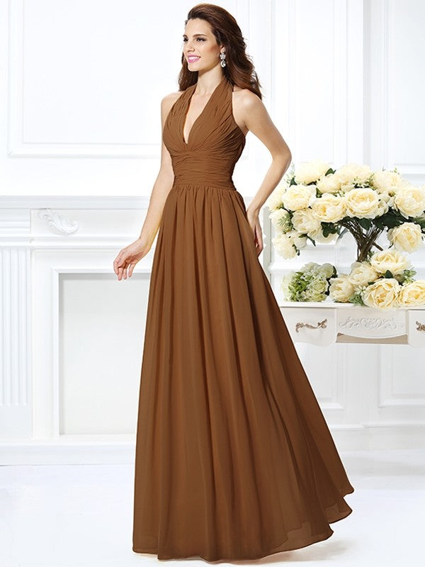 Charming Halter Pleats Sleeveless Long Chiffon Bridesmaid Dresses-Ballbella