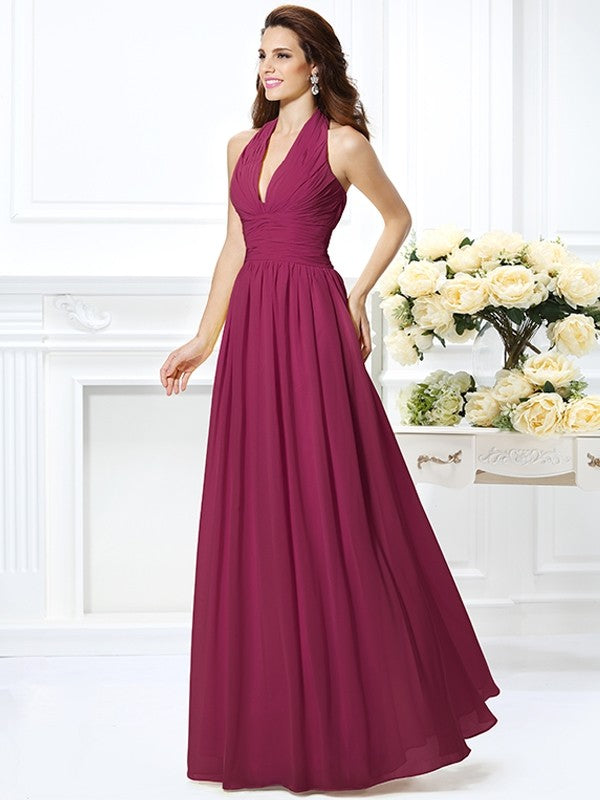 Charming Halter Pleats Sleeveless Long Chiffon Bridesmaid Dresses-Ballbella