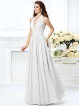 A-Line Charming Halter Pleats Sleeveless Long Chiffon Bridesmaid Dresses