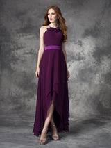 Charming Halter Ruffles Sleeveless High Low Chiffon Bridesmaid Dresses-Ballbella