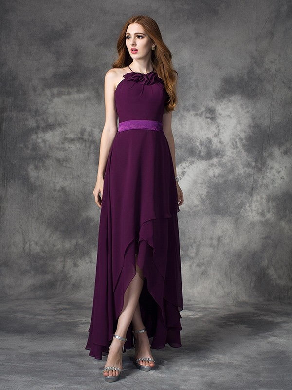 Charming Halter Ruffles Sleeveless High Low Chiffon Bridesmaid Dresses-Ballbella