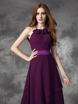 Charming Halter Ruffles Sleeveless High Low Chiffon Bridesmaid Dresses-Ballbella