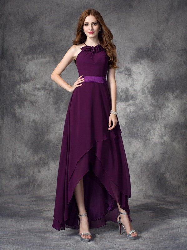 Charming Halter Ruffles Sleeveless High Low Chiffon Bridesmaid Dresses-Ballbella