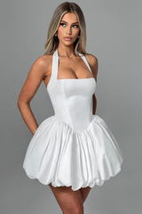 Charming Halter Satin Mini Homecoming Dresses Pleats Prom Dress Sleeveless On Sale-Ballbella