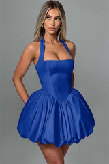 Charming Halter Satin Mini Homecoming Dresses Pleats Prom Dress Sleeveless On Sale-Ballbella