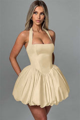 Charming Halter Satin Mini Homecoming Dresses Pleats Prom Dress Sleeveless On Sale-Ballbella