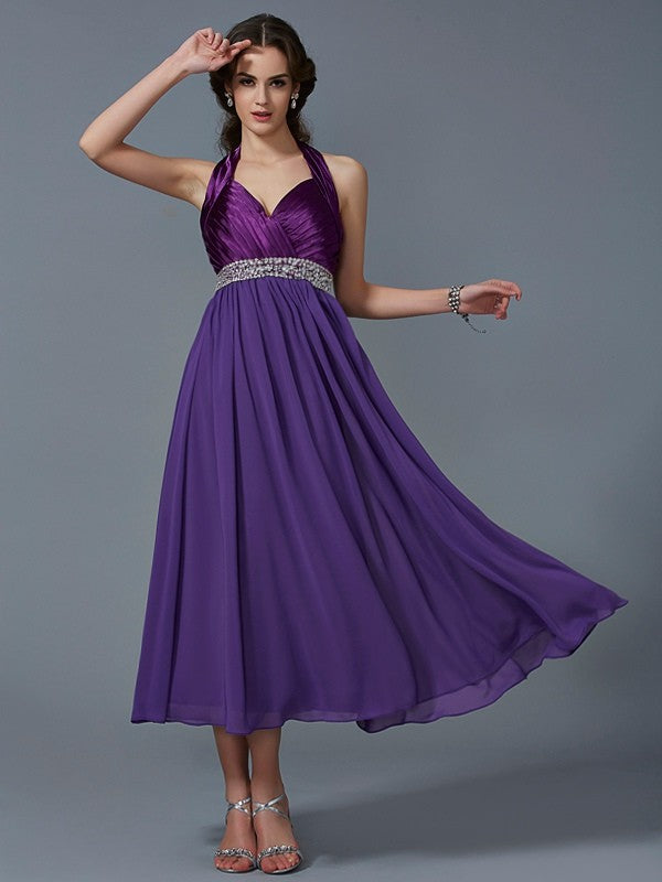 Charming Halter Sleeveless Beading Long Chiffon Bridesmaid Dresses-Ballbella