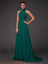 Charming Halter Sleeveless Hand-Made Flower Long Chiffon Bridesmaid Dresses-Ballbella