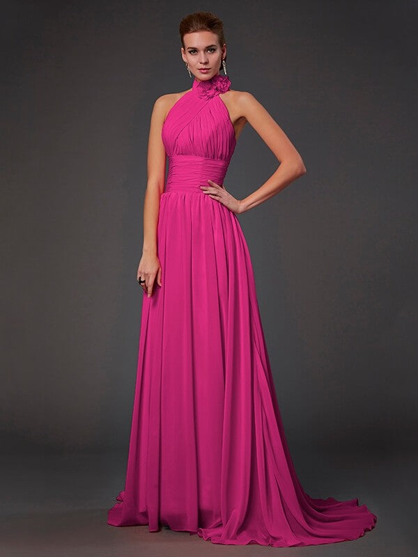 Charming Halter Sleeveless Hand-Made Flower Long Chiffon Bridesmaid Dresses-Ballbella