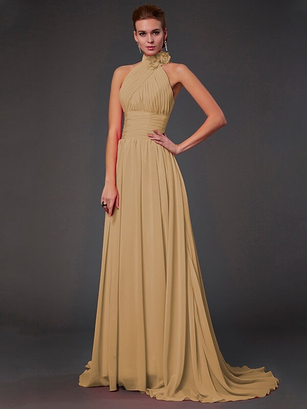 Charming Halter Sleeveless Hand-Made Flower Long Chiffon Bridesmaid Dresses-Ballbella