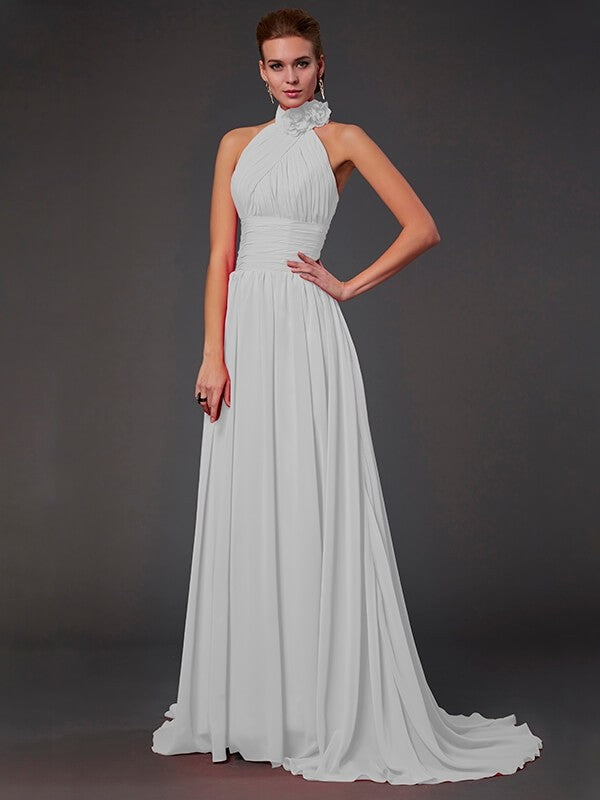 Long Halter Chiffon Gown with 3D Floral Neck Silver