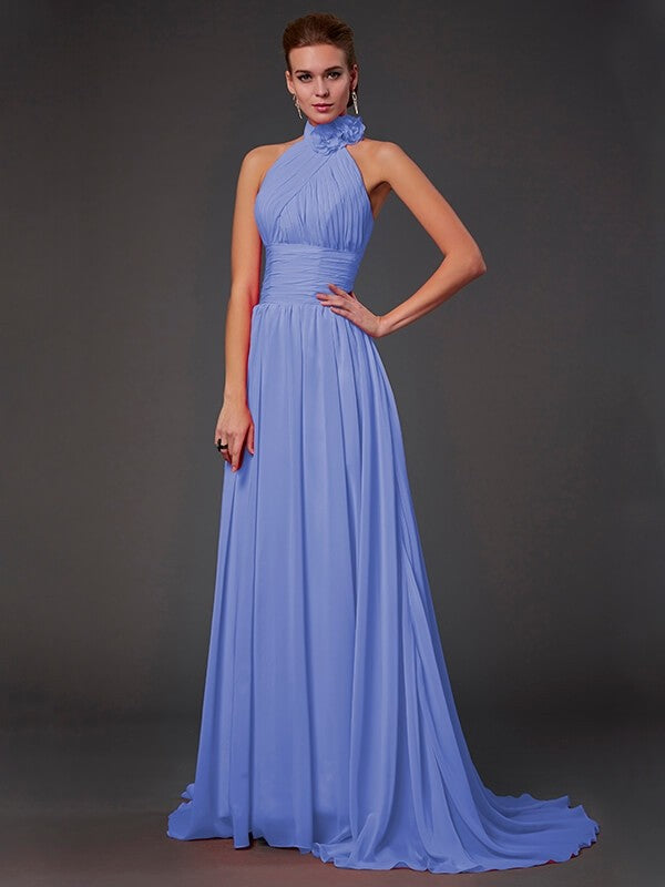 Charming Halter Sleeveless Hand-Made Flower Long Chiffon Bridesmaid Dresses-Ballbella