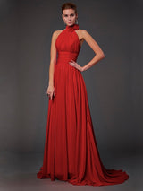 Charming Halter Sleeveless Hand-Made Flower Long Chiffon Bridesmaid Dresses-Ballbella