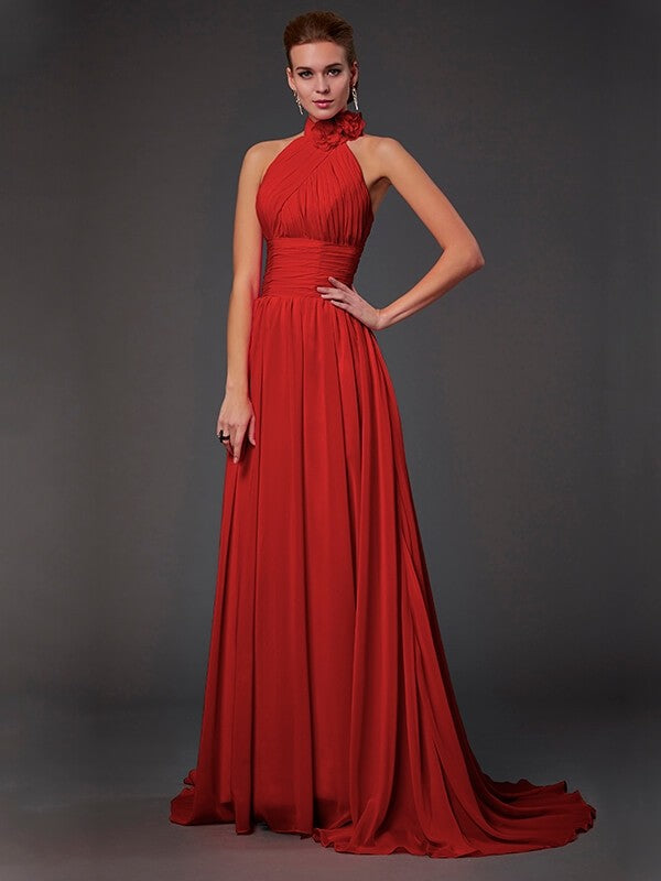 Charming Halter Sleeveless Hand-Made Flower Long Chiffon Bridesmaid Dresses-Ballbella
